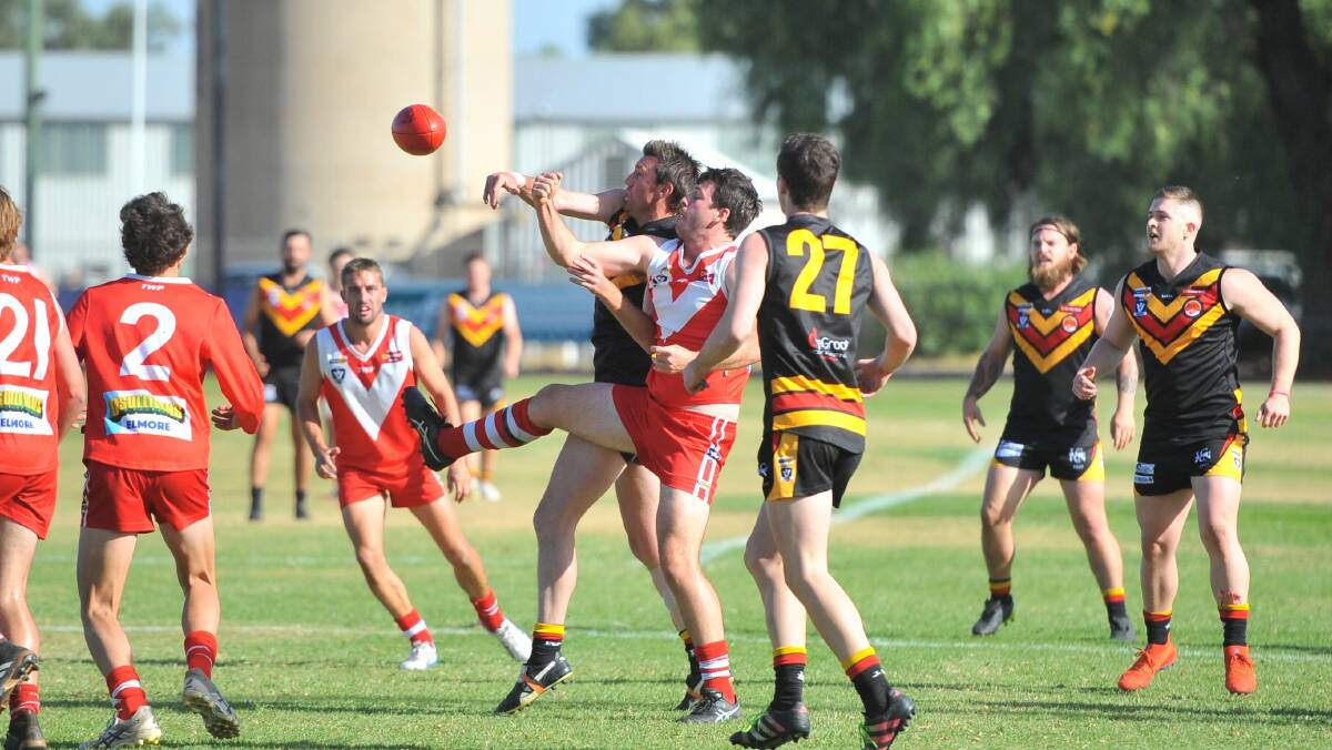 HOT CONTEST: Elmore pulled off the first big upset of the season on Saturday with its five-point win over Leitchville-Gunbower. Picture: LUKE WEST