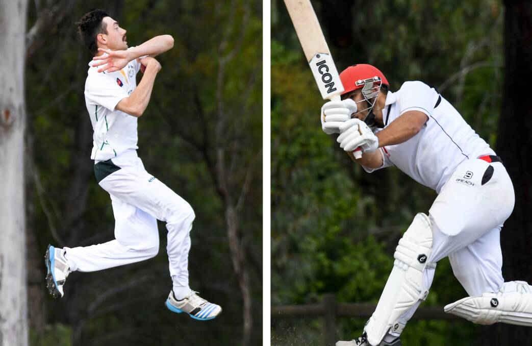 ALL-ROUNDERS: Kangaroo Flat's Chris Barber bowls on Saturday, while White Hills' Mitch Winter-Irving attacks during his knock of 66 at Scott Street. Pictures: NONI HYETT