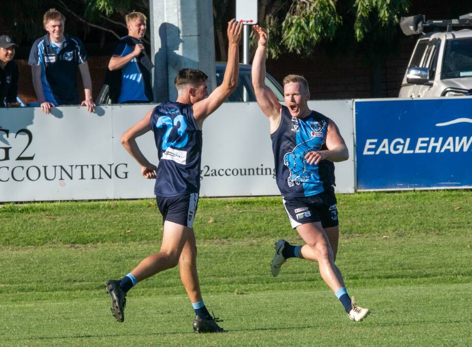 Eaglehawk's Bailey Ilsley and Darcy Richards. The Hawks host Castlemaine in round four of the BFNL season at Canterbury Park on Saturday. Picture by Enzo Tomasiello