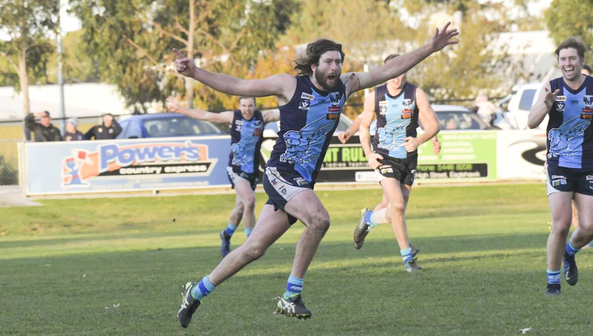 UP AND ABOUT: Eaglehawk's Jesse Collins celebrates his left-foot snap goal in the final quarter on Saturday. Picture: NONI HYETT