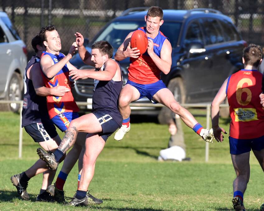 PANTHER ON THE PROWL: Marong's Nathan Devanny, one of his side's best, shows his athleticism during Saturday's 55-point win over Inglewood. Picture: DARREN HOWE