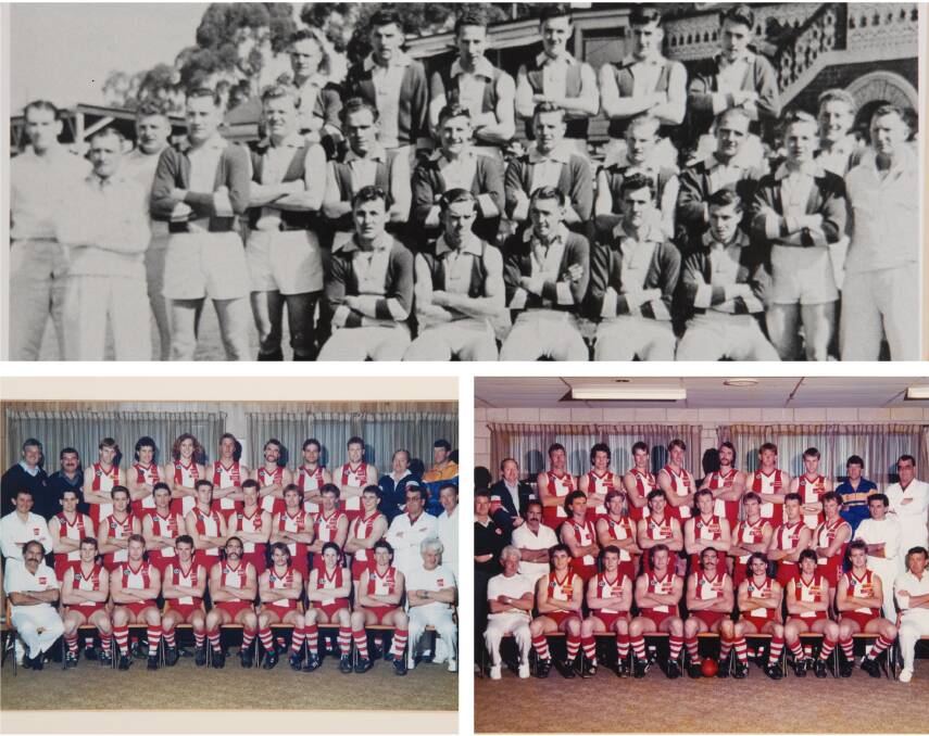 MEMORABLE SEASONS: Top - South Bendigo's 1956 premiership team. Bottom - South Bendigo's 1991 premiership team (left) and the team that won the Bloods their 1990 senior flag (right). Those three teams are among four senior premiership sides being celebrated by the Bloods as part of a big reunion day at the QEO on Saturday.