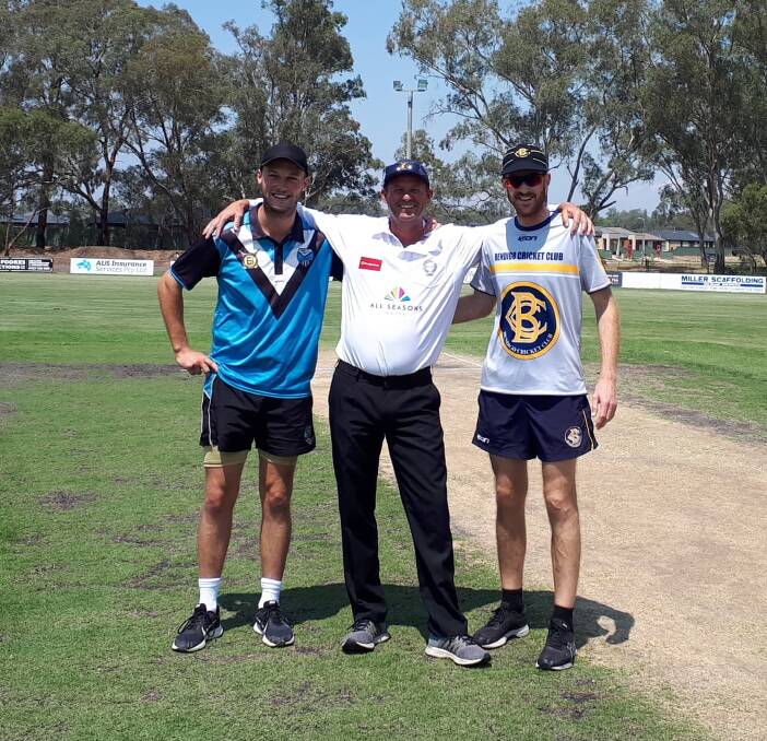 TAKING CHARGE: Bendigo Cricket Club games record-holder Mark Ryan took to the field again at the weekend as an umpire. He's pictured with Huntly-North Epsom captain Elliott Massina and Bendigo skipper Shane Koop. Picture: GLENN FRANZI