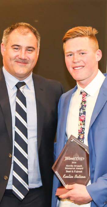 ALL SMILES: AFL Victoria chief executive officer Steven Reaper with Bendigo Pioneers' best and fairest winner Keelin Betson. Pictures: CONTRIBUTED