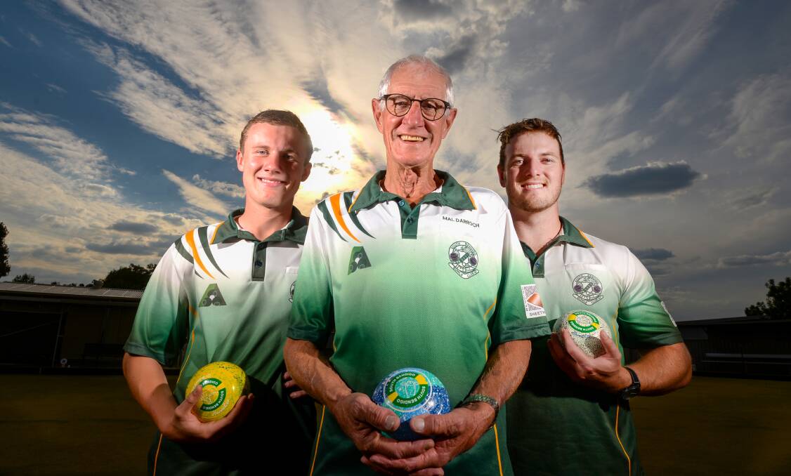 PROUD MOMENT: Lachlan Darroch (left) and Luke Hoskin will play for South Bendigo alongside their grandfather Mal Darroch in Sunday's Bendigo Bowls Division pennant grand final against Kangaroo Flat. Picture: DARREN HOWE