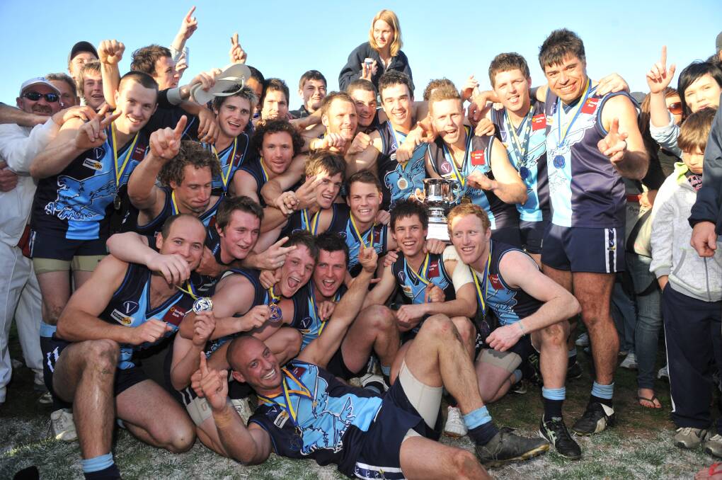 HAPPY HAWKS: Eaglehawk's premiership team after winning a classic BFNL grand final by six points against Golden Square in 2008.