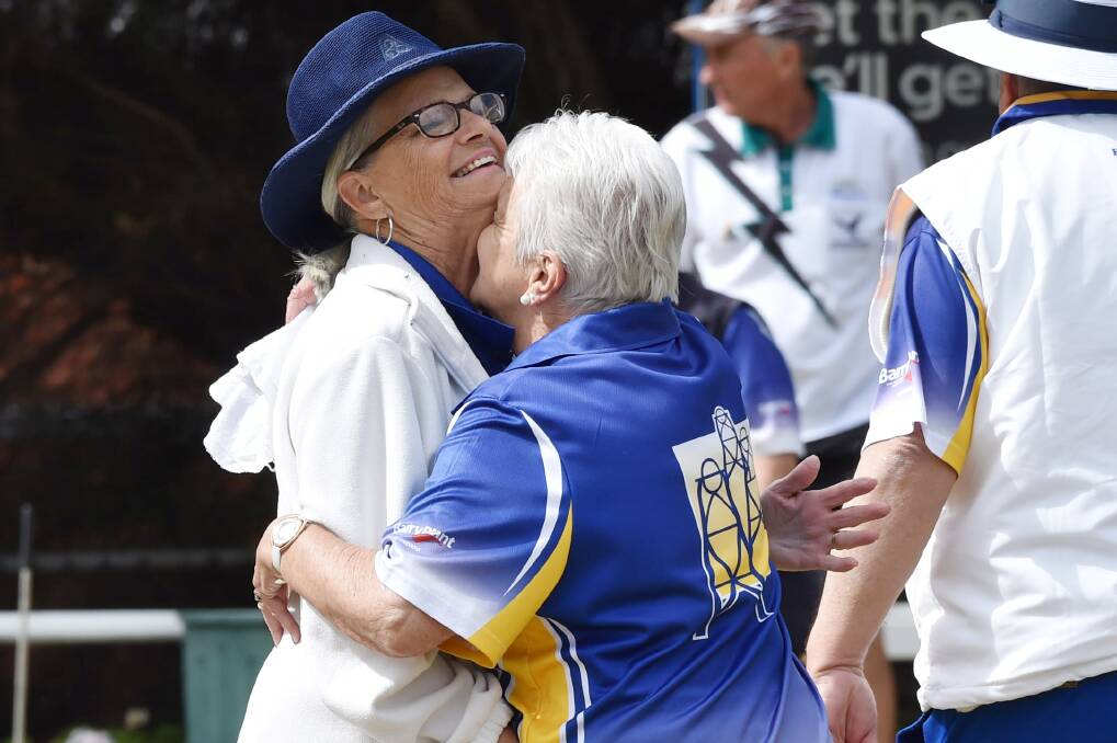WINNING START: Golden Square's Julie Ross and Patti Pain celebrate after a winning end against Castlemaine in Monday's opening round of the BBD midweek pennant season. Picture: DARREN HOWE
