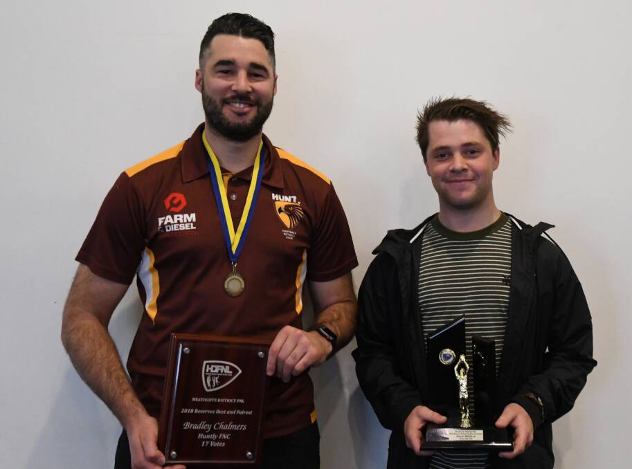 Reserves best and fairest Brad Chalmers of Huntly and runner-up Daniel Waldron of White Hills.