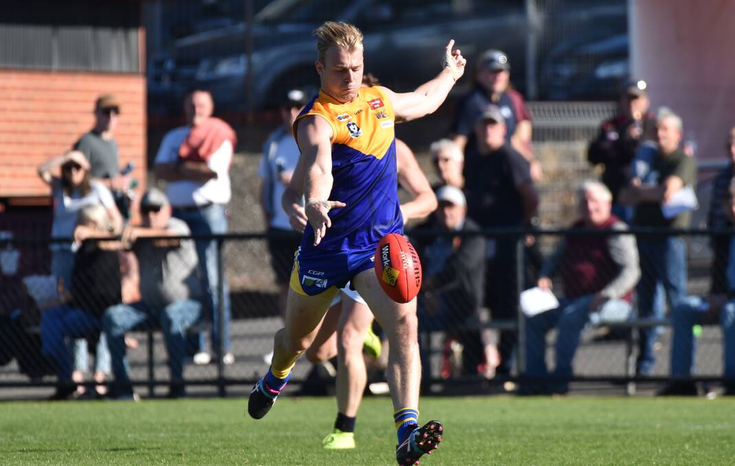 SHOT AT GOAL: Hugh Robertson was one of Bendigo's 12 goalkickers against Outer East on Saturday.
