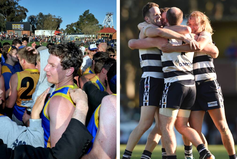 FLAG WINS: Golden Square (2012) and Lockington-Bamawm United (2014) both savour premiership wins during their run of four in a row through the decade.