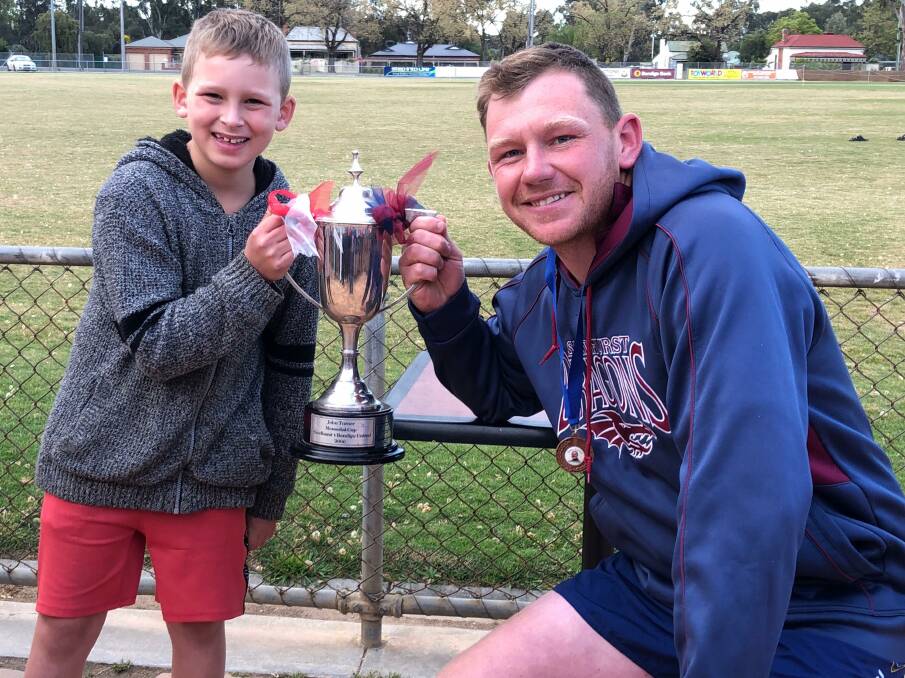 Riley Turner and Taylor Beard with the John Turner Memorial Cup played for between Bendigo United and Sandhurst.