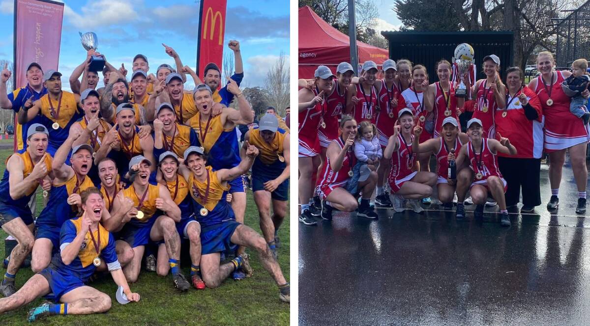 Harcourt's senior football and Natte Bealiba's A grade netball premiership teams after Saturday's wins. Pictures by MCDFNL