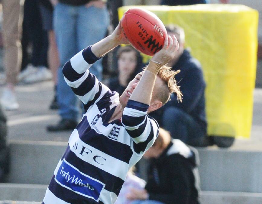 WELCOME BACK: Lachlan Sharp's three late goals helped Strathfieldsaye kick away from Sandhurst to win by 19 points on Saturday.