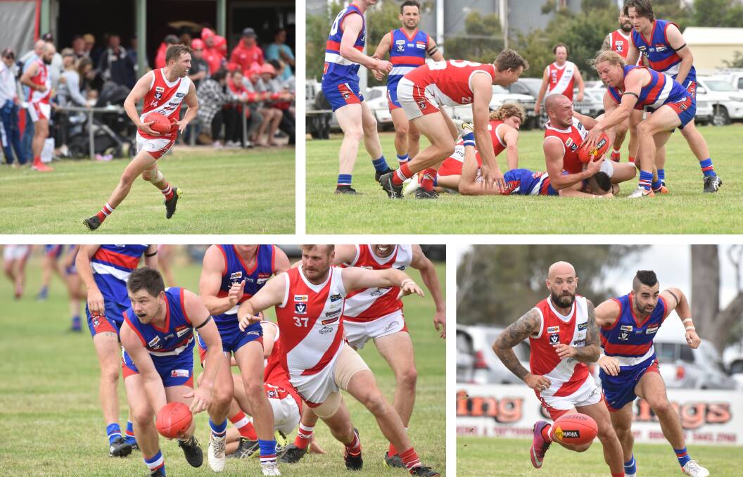 GRINDING CONTEST: Action from Pyramid Hill's win over Bridgewater in the LVFNL on Saturday. Pictures: NONI HYETT