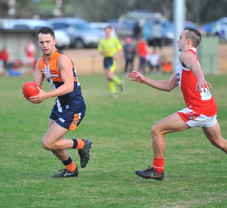 DOWN TO THE WIRE: Maiden Gully YCW's Galen Munari looks for an option during Saturday's three-point win over Bridgewater. The Eagles have now been involved in five games this year decided by a kick. Picture: ADAM BOURKE