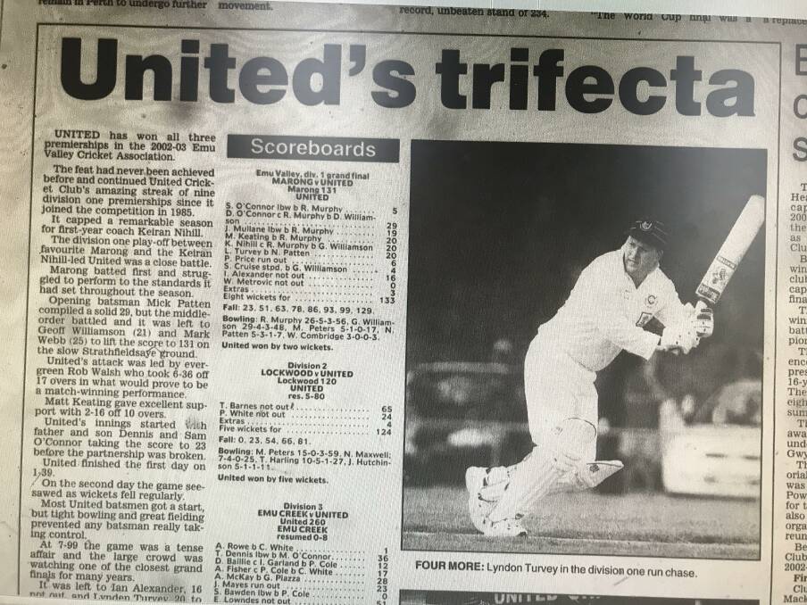 DOMINANT: The Bendigo Advertiser report of United's historic three premierships in the 2002-03 EVCA season.