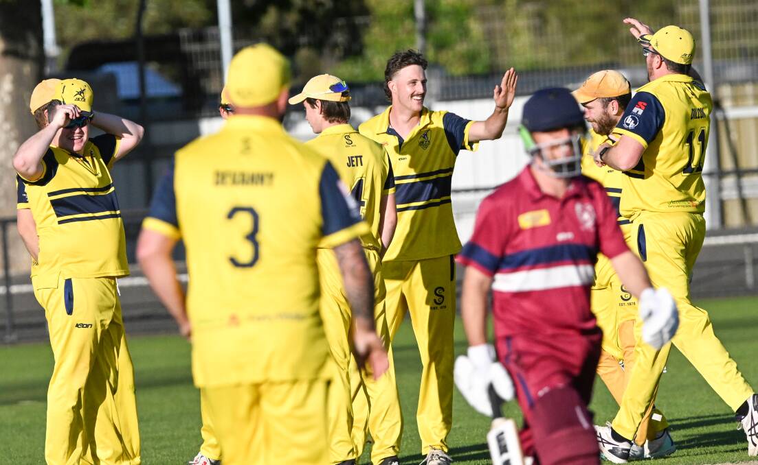 Strathfieldsaye celebrates a wicket on Thursday night. Picture by Darren Howe