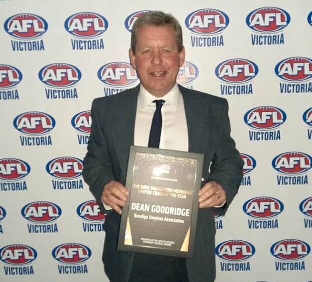 RECOGNITION: Dean Goodridge after receiving the Greg Sidebottom Memorial Umpire Coach of the Year Award on Friday night. Picture: BUA FACEBOOK PAGE