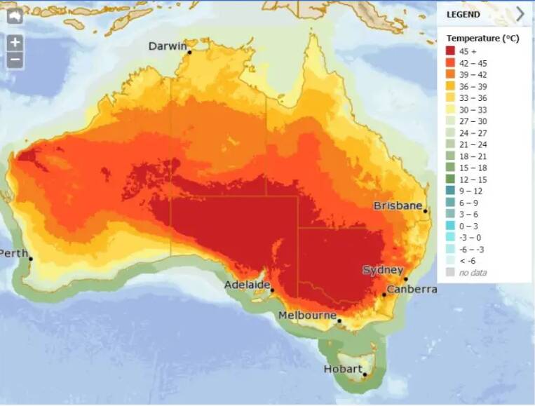 Most of inland south-eastern Australia is expected to reach 45 degrees or warmer on Wednesday. Picture: Bureau of Meteorology