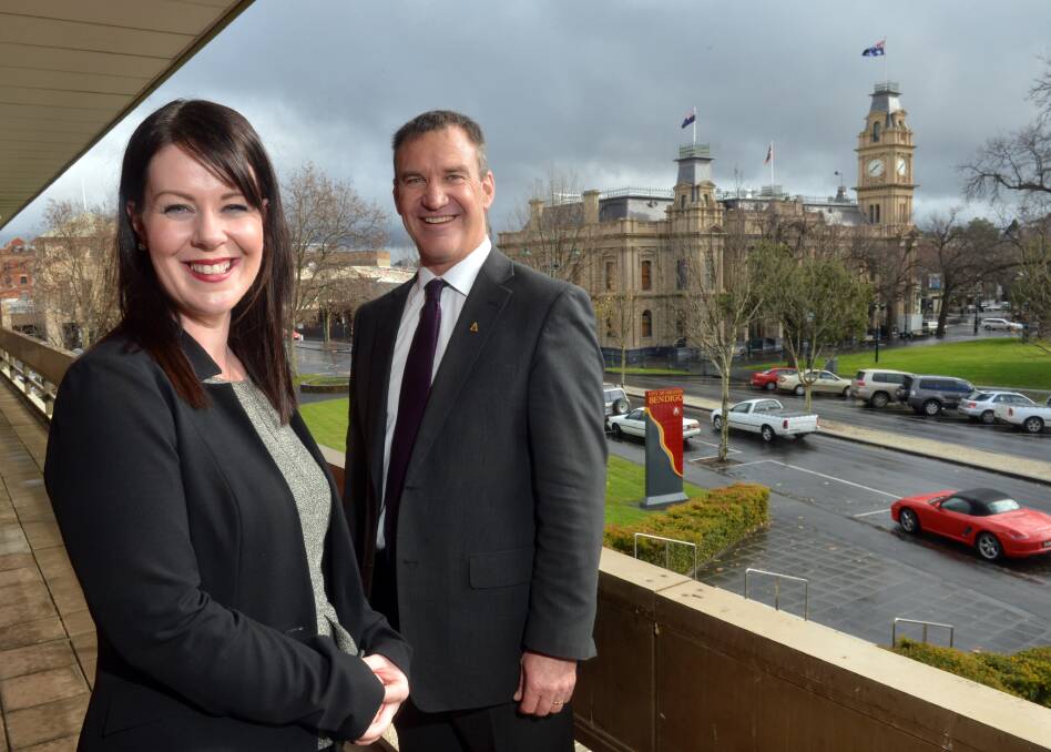 SMART MONEY: Bendigo Business Council's Leah Sertori with City of Greater Bendigo chief executive officer Craig Niemann – council could back the BBC's bid to become a regional pilot for the federal government's 'smart cities' plan.  