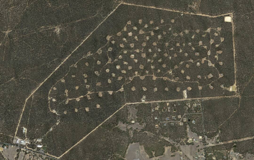 FOREST CLEARINGS: Satellite images showing a series of circular clearings in a cordoned-off area of forest just outside Bendigo. 
