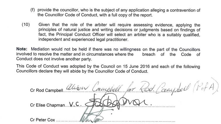 Cr Chapman's signature on the code of conduct - see the full document at the bottom of the article. 