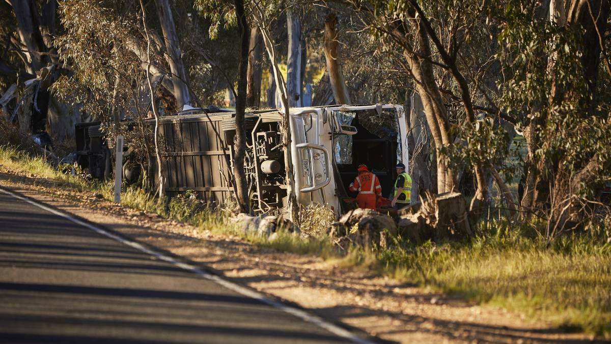 TRAGEDY: The scene of the bus crash on the Sunraysia Highway, near Avoca, on October 14, 2017.