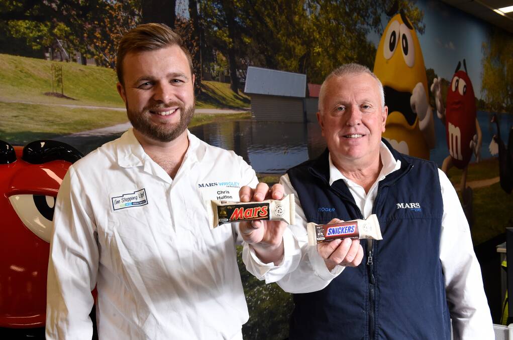 Mars Wrigley research and development director Chris Hutton and packaging engineer Roger Cripps, of the Ballarat factory, display the new paper-based wrapped chocolate bars. Picture by Adam Trafford