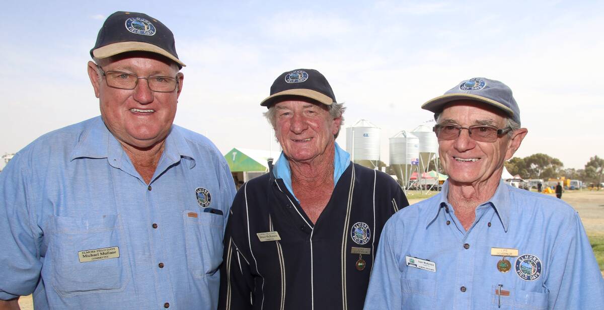 OLD HANDS: Michael Mullane, Bruce McKenzie and Ivan McKenzie have spent decades volunteering at the Elmore Field Days. 