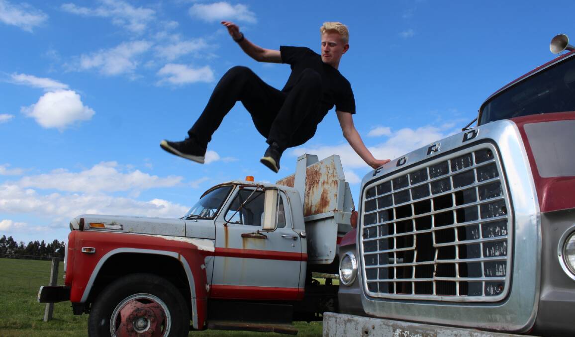 ACROBATIC: Parkour exponent Sam Turner, 16, of Kyneton, practises his moves ahead of the show. Picture: MIDLAND EXPRESS