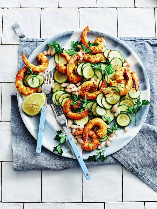 Harissa grilled prawns with zucchini and cannellini beans. Picture supplied
