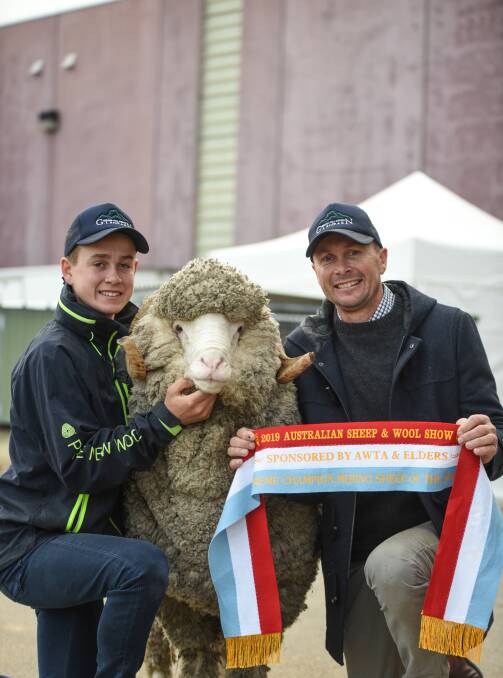 Harry and Rod Miller, Glenpaen Merino stud, Brimpaen, with their supreme merino exhibit at the 2019 Australian Sheep & Wool Show. Picture: RUBY CANNING