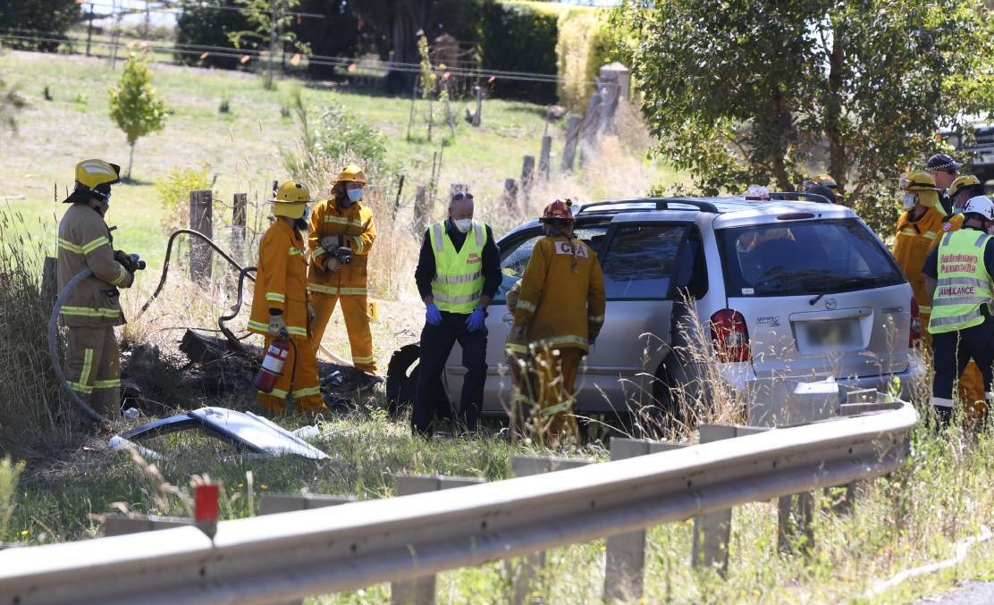 Emergency services at the scene of the crash. Picture: LACHLAN BENCE