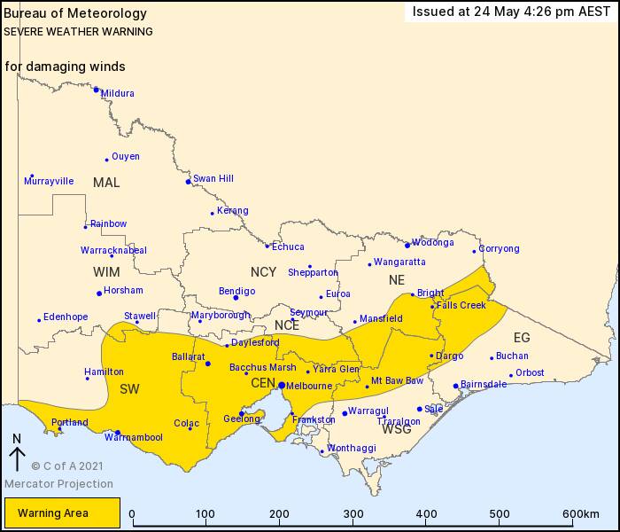 The warning area for damaging winds on Monday night and Tuesday. Image: BOM