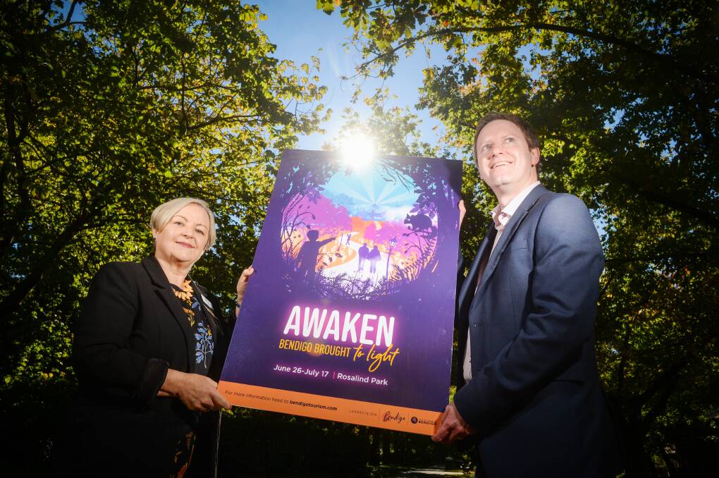 Mayor Jennifer Alden and marketing manager Glenn Harvey announce the new Awaken Festival for Bendigo this winter. Picture: DARREN HOWE