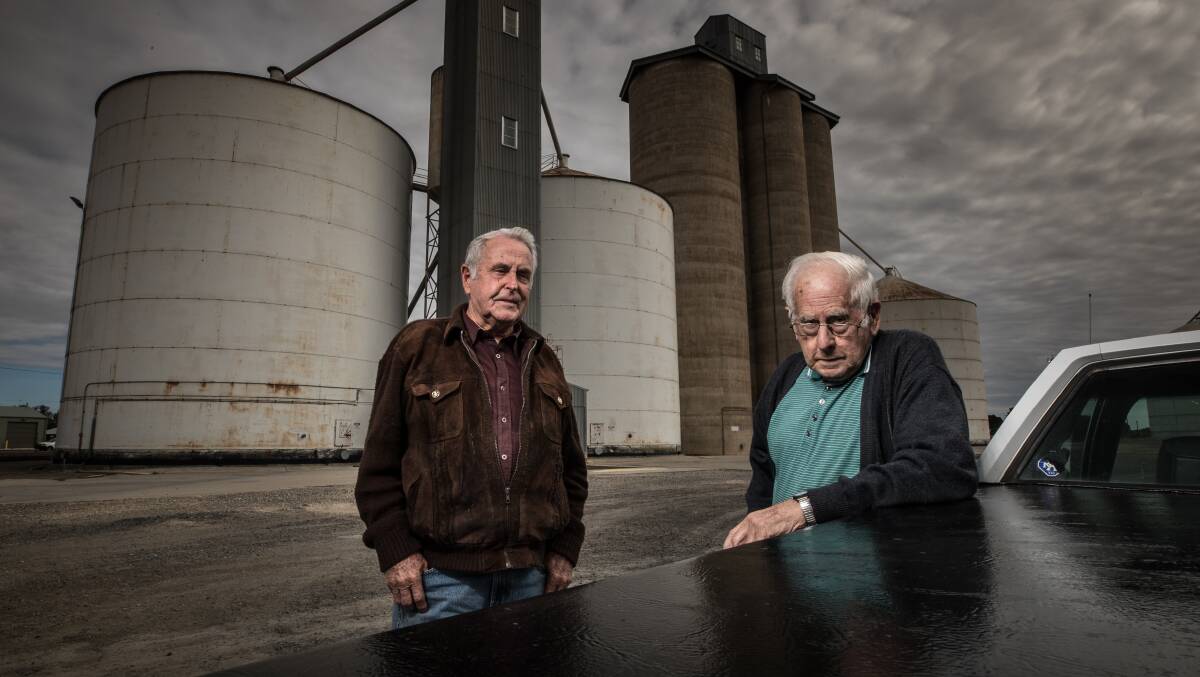 Lifetime grain and sheep farmers Ron Smith and George Allitt, in Jeparit. Photo: Jason South 