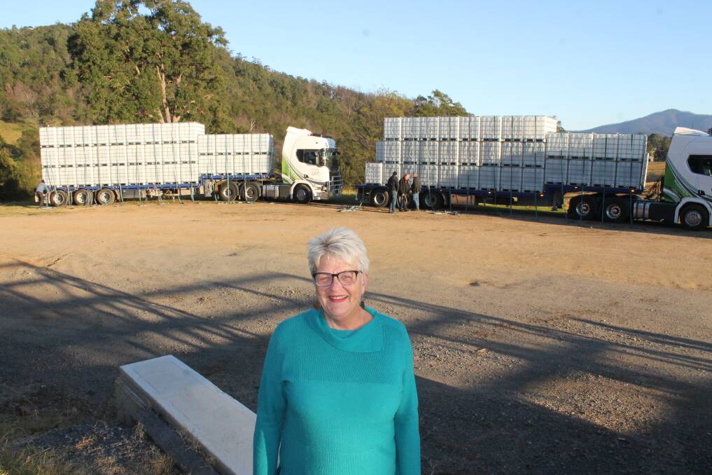 EXCITING DEVELOPMENT: Cobargo Bushfire Relief Centre joint coordinator Chris Walters welcomes the arrival of 207 water tanks at the Cobargo Showground early on Thursday morning. 