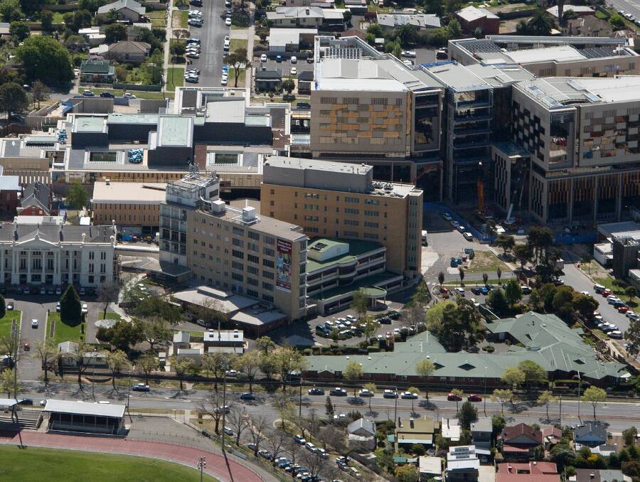 NON-COMPLIANT: The two buildings (centre) at Bendigo Health's Anne Caudle Centre that are unable to meet building regulations when it comes to fire safety. Picture: SUPPLIED