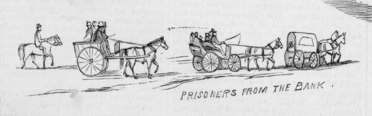 The Kelly gang ordered hostages into carts and took them to a farm station so that they could not raise the alarm, as depicted in this 1878 engraving. Picture: Courtesy of THE STATE LIBRARY OF VICTORIA