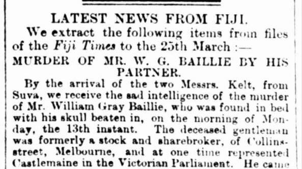 DEATH: A Fiji Times story that appeared in the Bendigo Advertiser in April as news about the murder was filtering into Victoria. Image: courtesy of TROVE