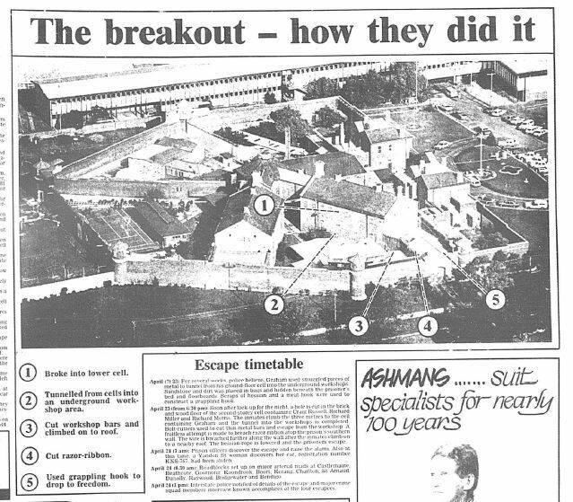 A front page of the Bendigo Advertiser in 1986, published 24 hours after the escape.