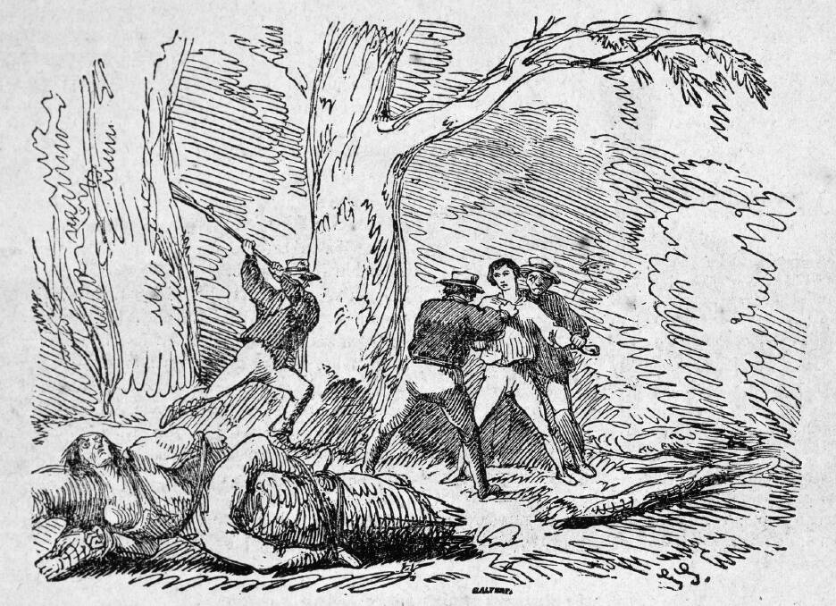 BUSHRAGERS AT WORK: A piece by engraver Samuel Calvert depicts a violent encounter with a gang of criminals in the Australian bush. Images: courtesy of the STATE LIBRARY OF VICTORIA