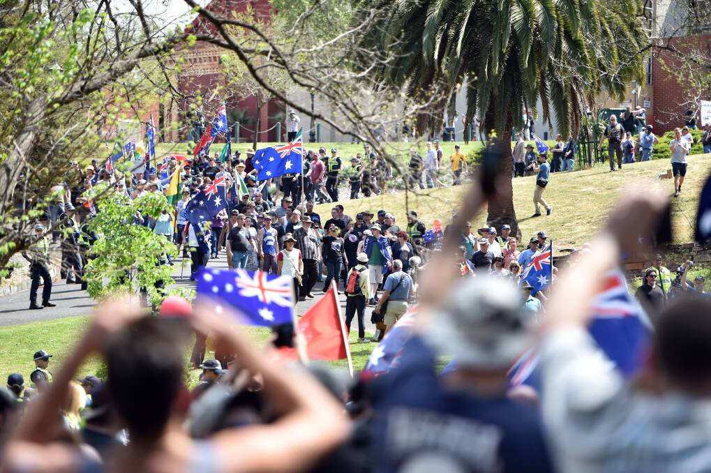 United Patriots Front protesters and counter protesters gathered in Bendigo on October 10, 2015. Picture: GLENN DANIELS