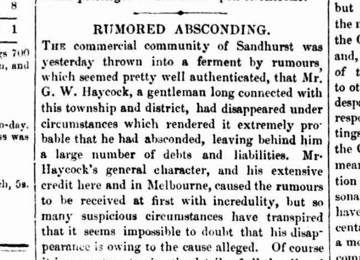 An 1856 Bendigo Advertiser article revealing concerns George Washington Haycock had done a runner. Image: TROVE