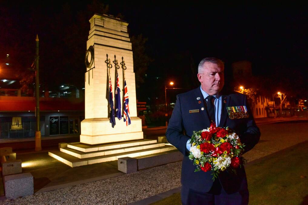 LEST WE FORGET: Bendigo subbranch president Peter Swandale was one of only a handful of people allowed at the 2020 Anzac Day dawn service due to social distancing restrictions. Picture: BRENDAN McCARTHY