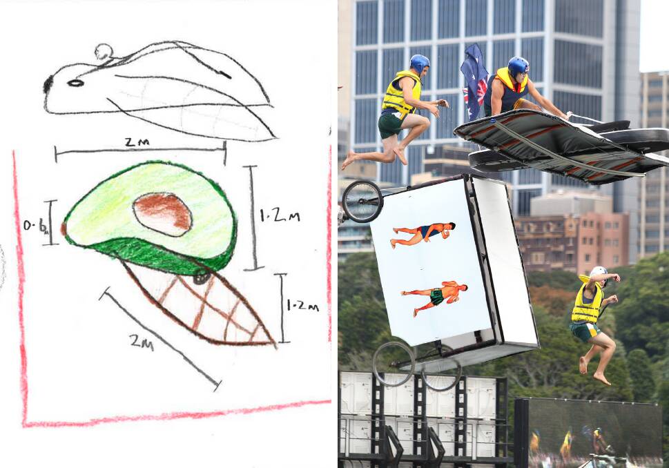 Left: early sketches of plans for the Splashed Avo. Right: An entry takes to the sky in 2008 in Sydney - picture by PHIL HEARNE