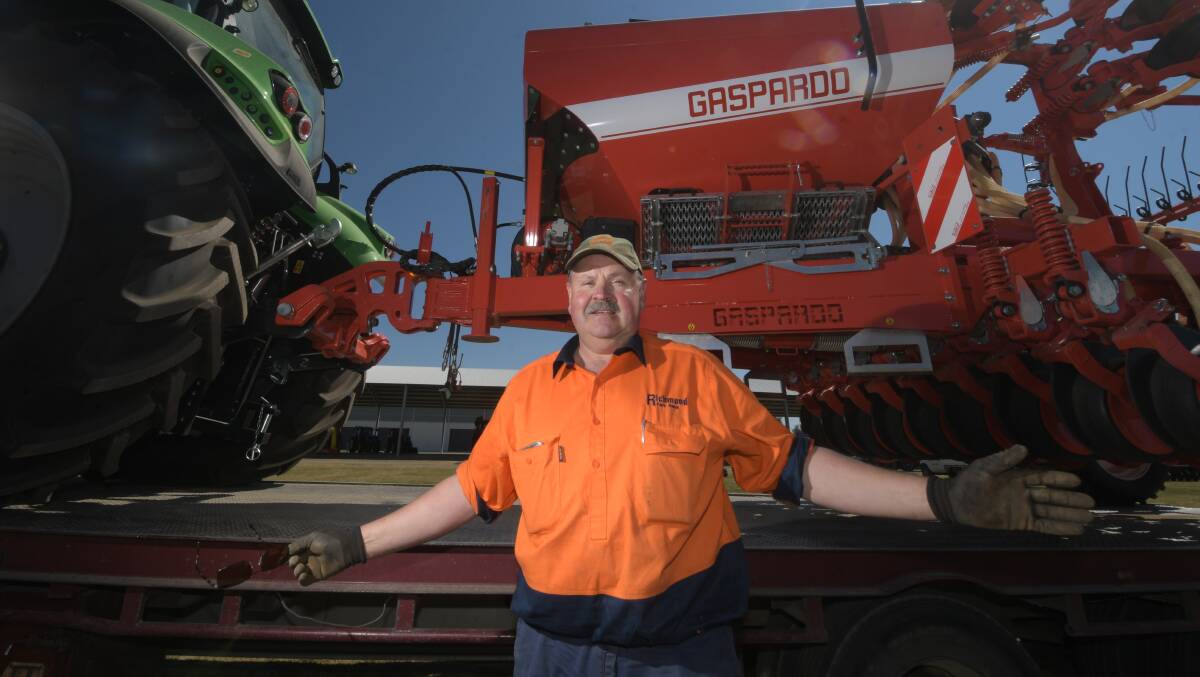 DRIVE TIME: Jack Richmond sets up farming equipment from Grogan Machinery Epsom ahead of the Elmore Field Days, which take place this week. Pictures: NONI HYETT