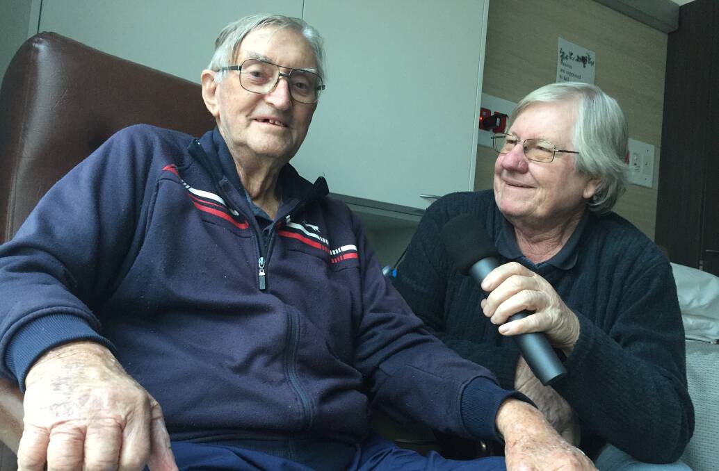 NOT SO CRANKY AFTER ALL: John Hall and Bill Whitbread reminisce at St John of God Bendigo Hospital. Kidney problems and time recovering from illness did not stop Mr Hall being part of a recent radio broadcast.