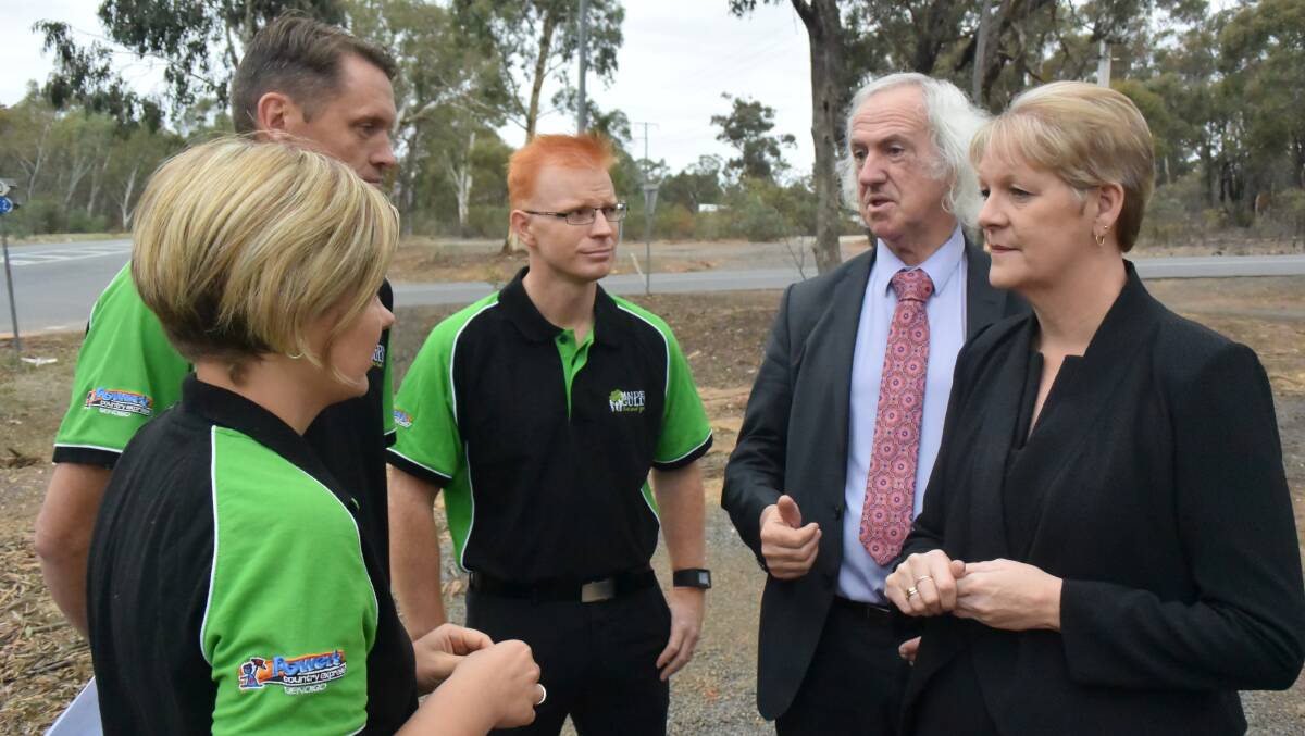 Mayor Rod Fyffe and state MP Maree Edwards discuss traffic light plans with Maiden Gully's Emma Power, Damien Power and Caine Jenkins.