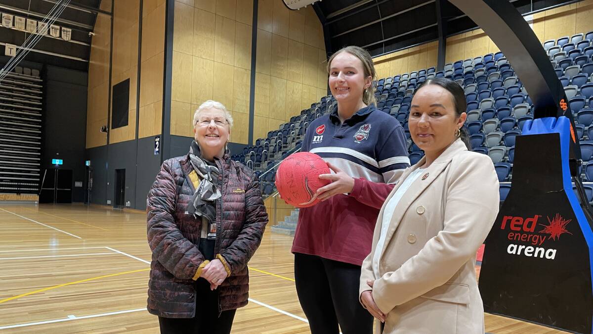 Left to right is chair Regional Cities Victoria of Andrea Metcalf, netballer Charlotte Sexton and general manager of DJAARA Cassandra Lewis. Picture by Tom O'Callaghan